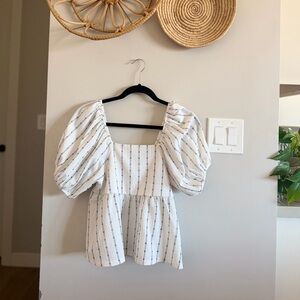 Madewell White Babydoll Top with Black Vertical Stripes and puff sleeves